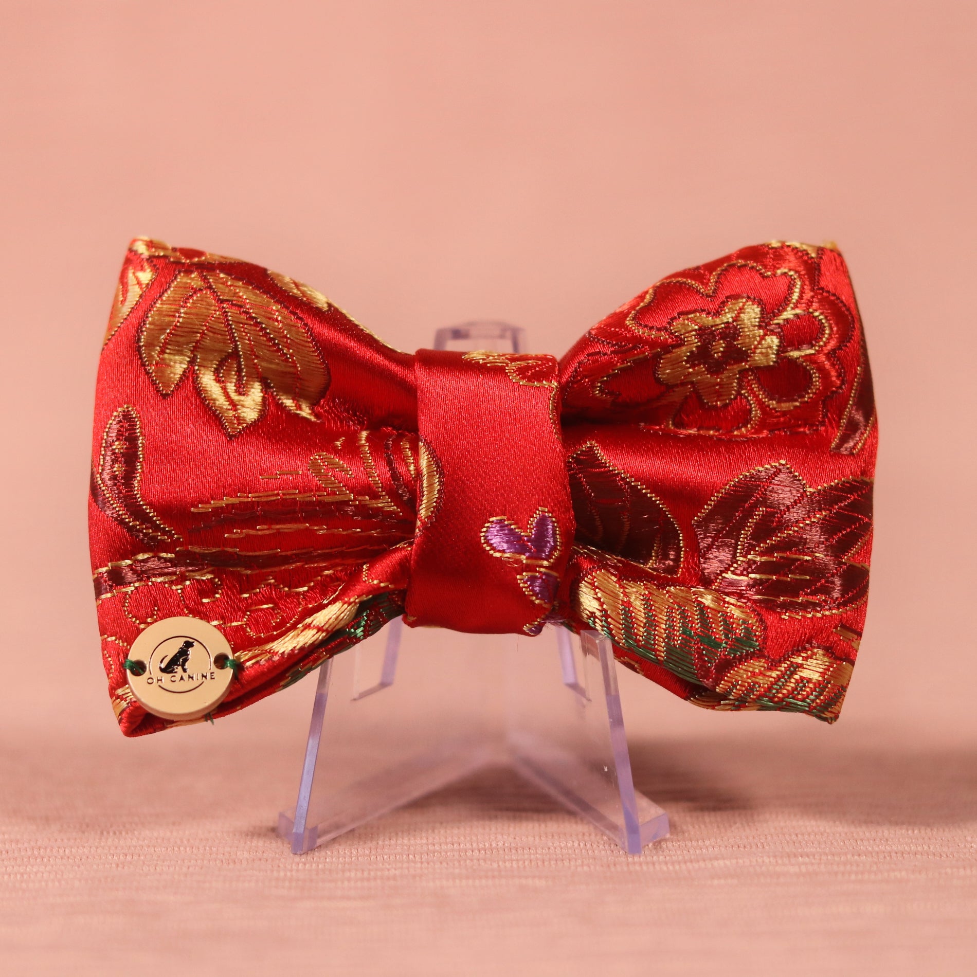 Lunar new year red floral traditional print Dog Collar Bow tie