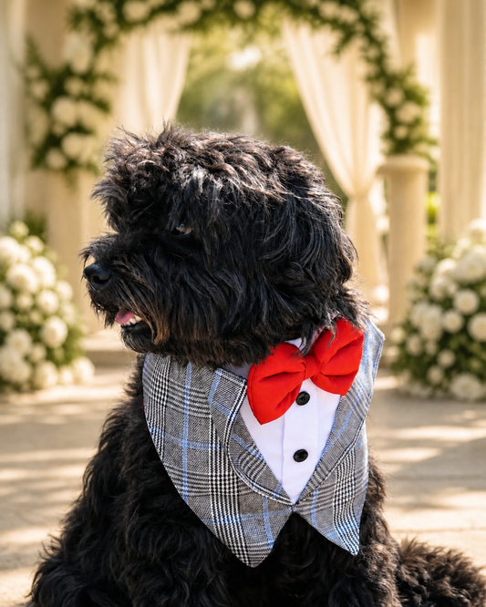 Black dog wearing a grey plaid tuxedo with a red bow tie at an outdoor wedding