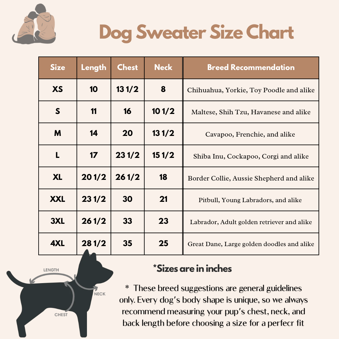 Dog sweater size chart with length, chest and neck measurements in inches