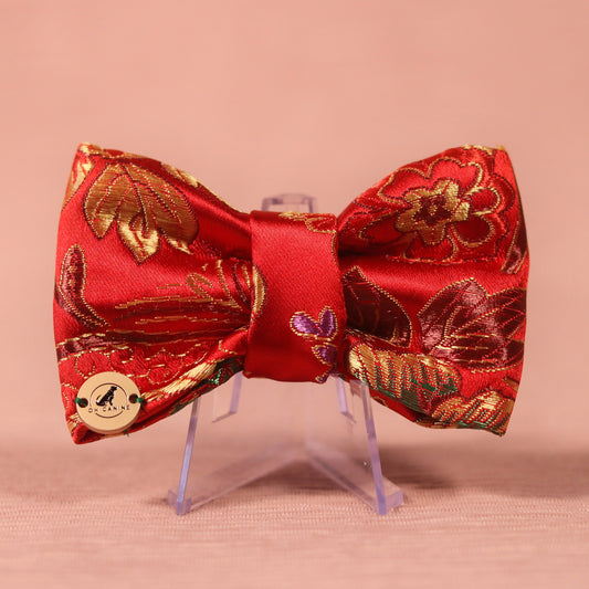 Lunar new year red floral traditional print Dog Collar Bow tie