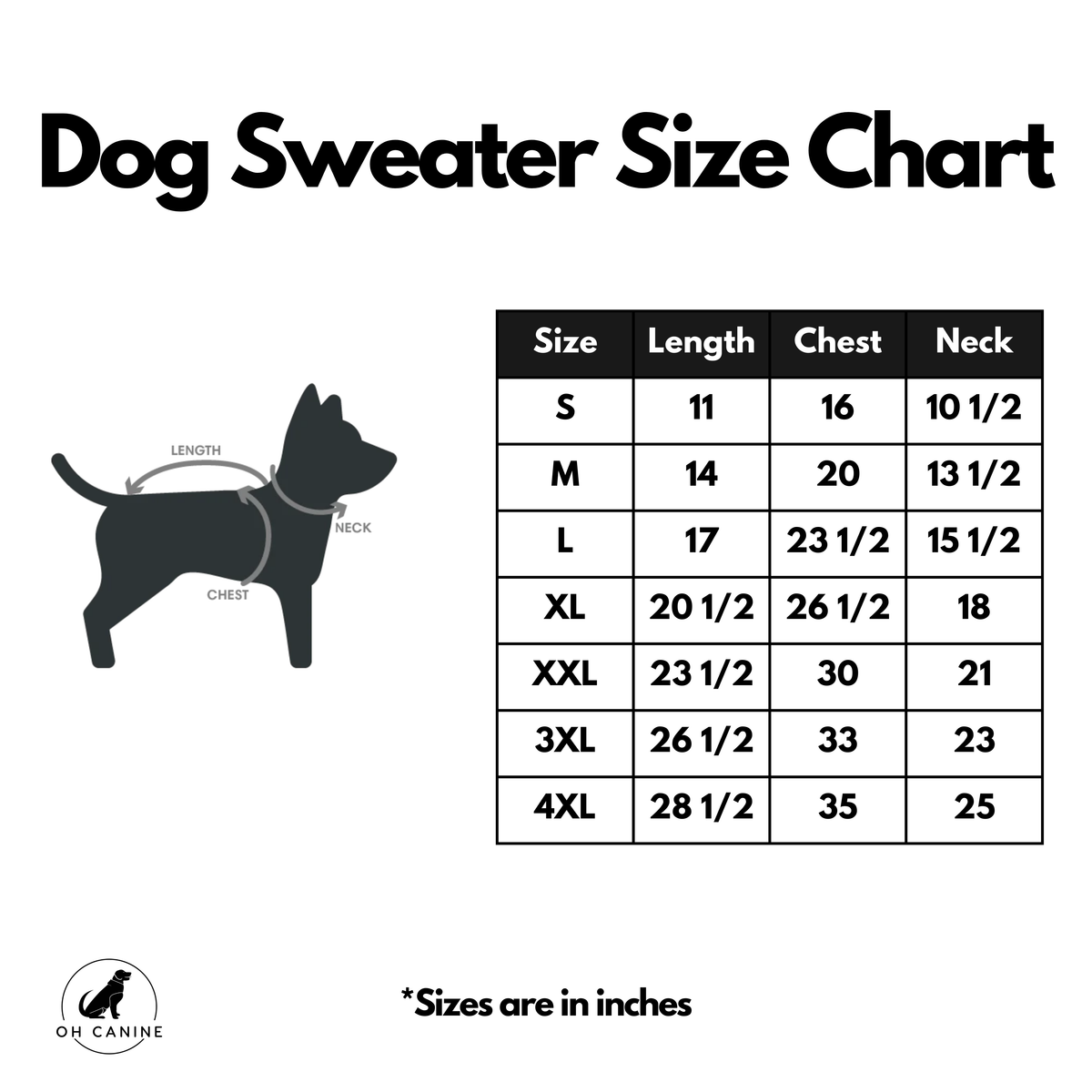 Dog sweater size guide