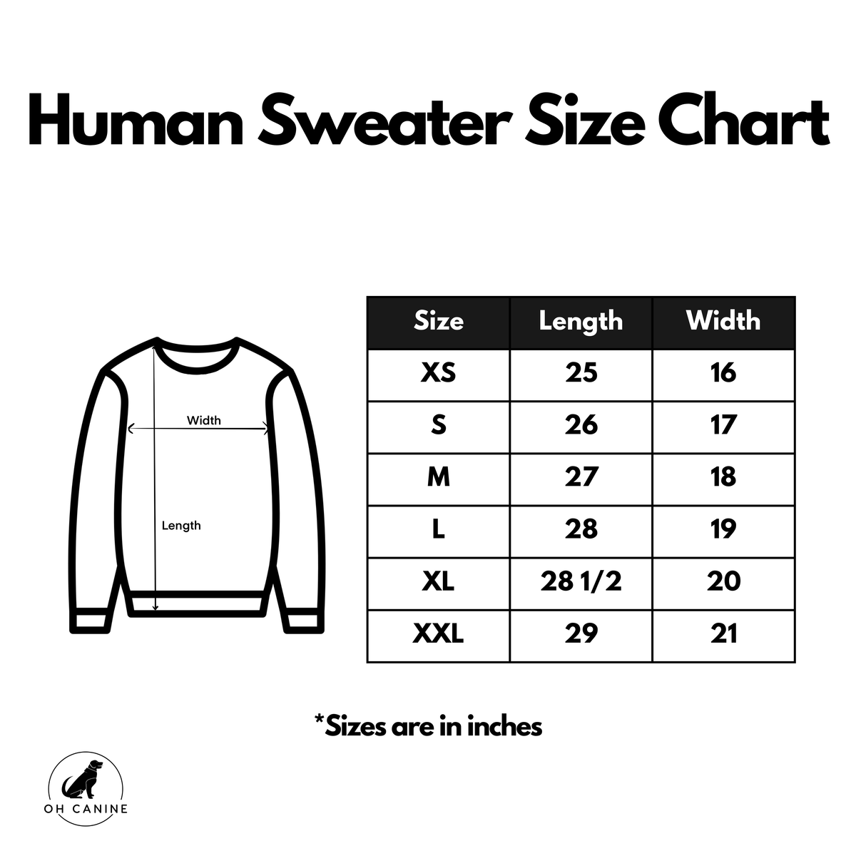 Human sweater size guide