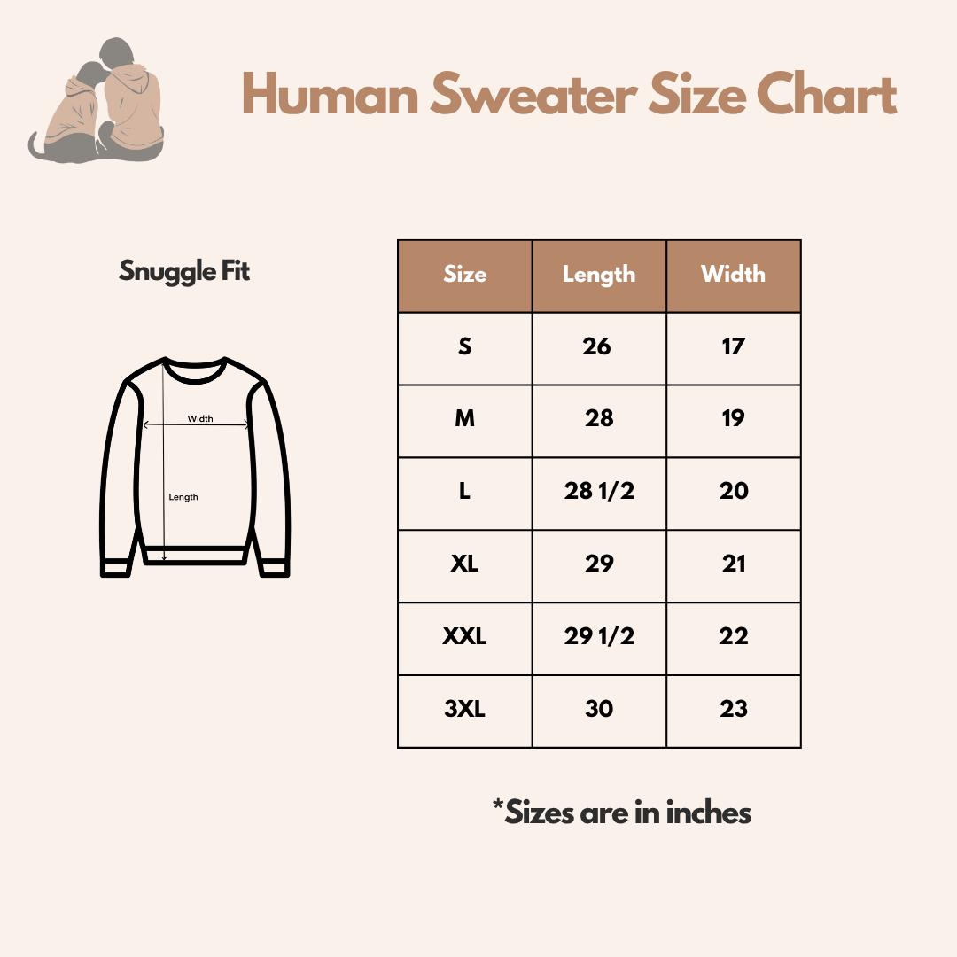 Human sweater size chart with length and width measurements in inches