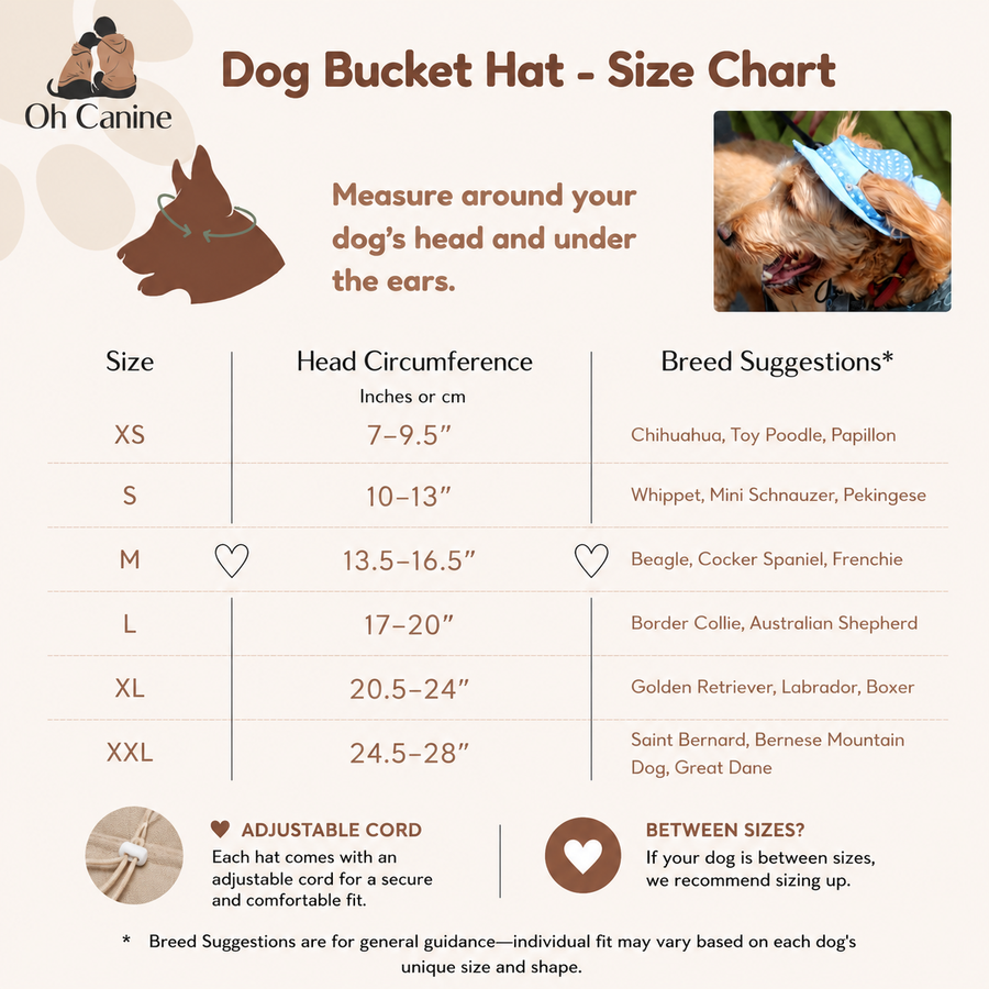 Oh Canine dog bucket hat size chart, XS through XXL head circumference